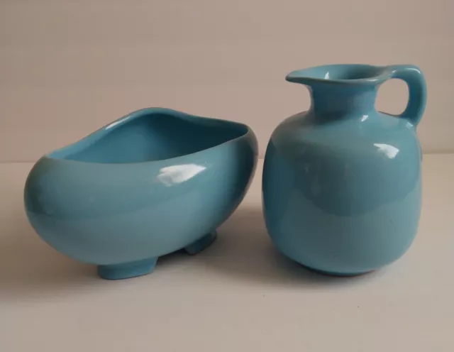 Frankoma Pottery PAIR Light Blue Planter & Jug Pitcher Terracotta Glazed SIGNED