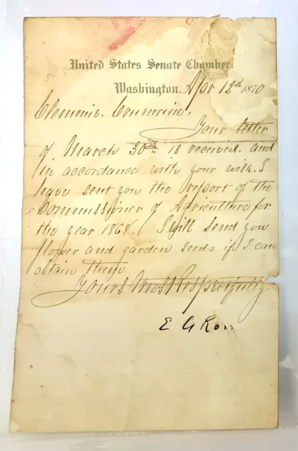 1870 EDMUND G ROSS Kansas Senator SIGNED Letter AUTOGRAPH Signature