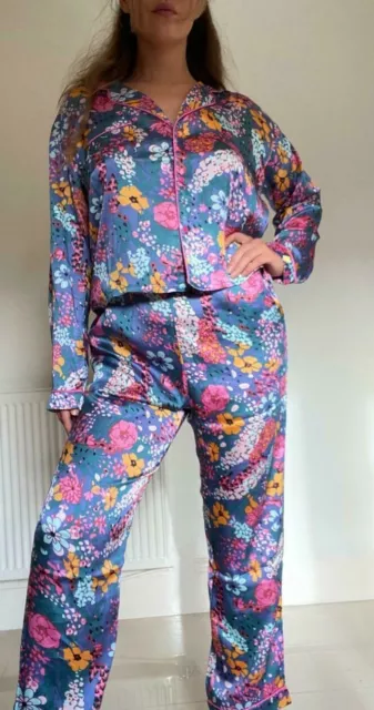 PRETTY LITTLE THING Satin Floral Print Pj Set Long Pyjamas 8 10 12