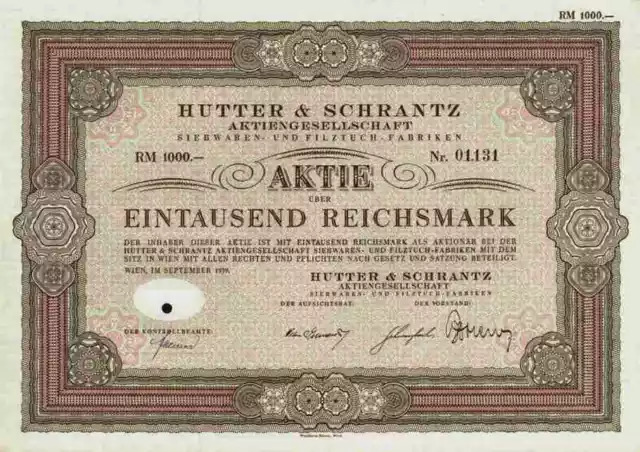 Hutter & Schrantz Siebwaren Filztuch Fabriken 1939 Wien Graz Klagenfurt 1000 RM