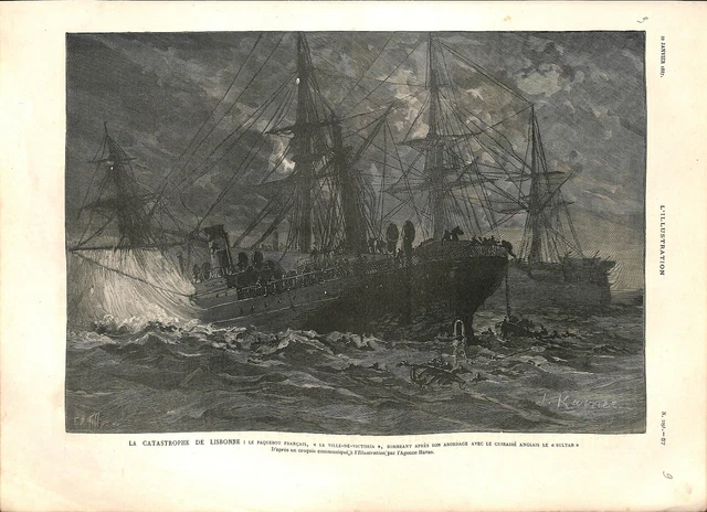 Lisbon disaster sinking of the liner La Ville-de-Victoria ENGRAVING 1887