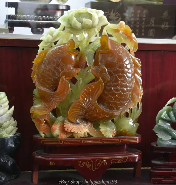 18" Chinese Natural Green Xiu Jade Jadeite lotus leaf Flower Two Fish Sculpture