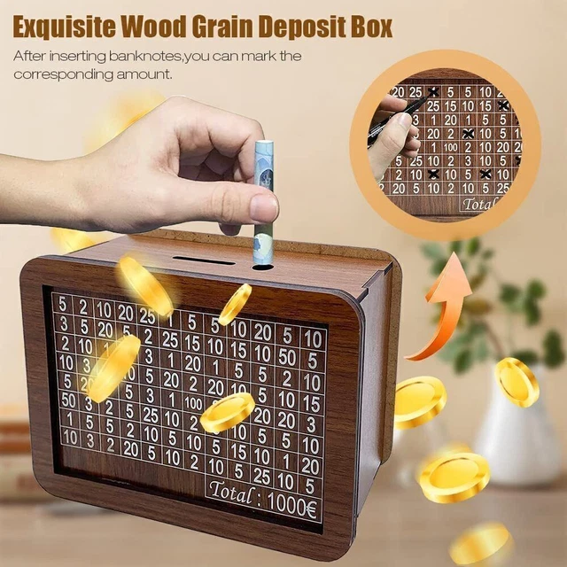 Wooden Piggy Bank Money box Money box Gift Savings Goal 1000£