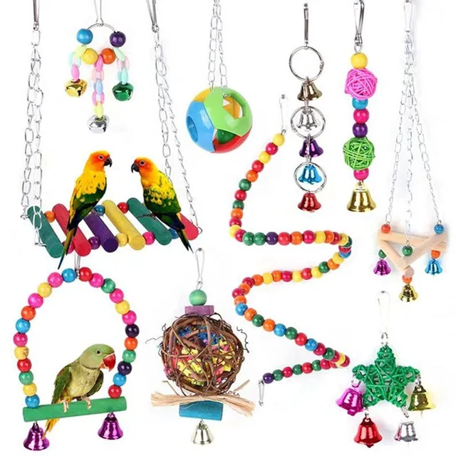 5/10PCS Bird Toys Parrot Swing Toys Chewing Hanging Bell Cockatiel Cage Toy Set