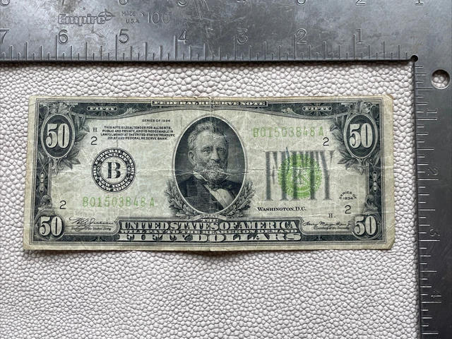 1934 $50 Dollar Bill Federal Reserve Note B New York Lime Green Seal Collectible