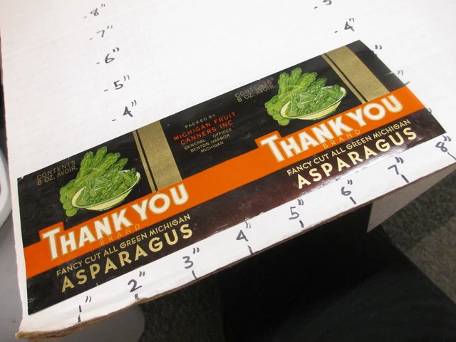 THANK YOU asparagus 1930s metal tin can food paper label Michigan Fruit Canner