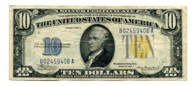 1934-A Ten Dollar North Africa Yellow Seal Silver Certificate Very Fine Vf Nice