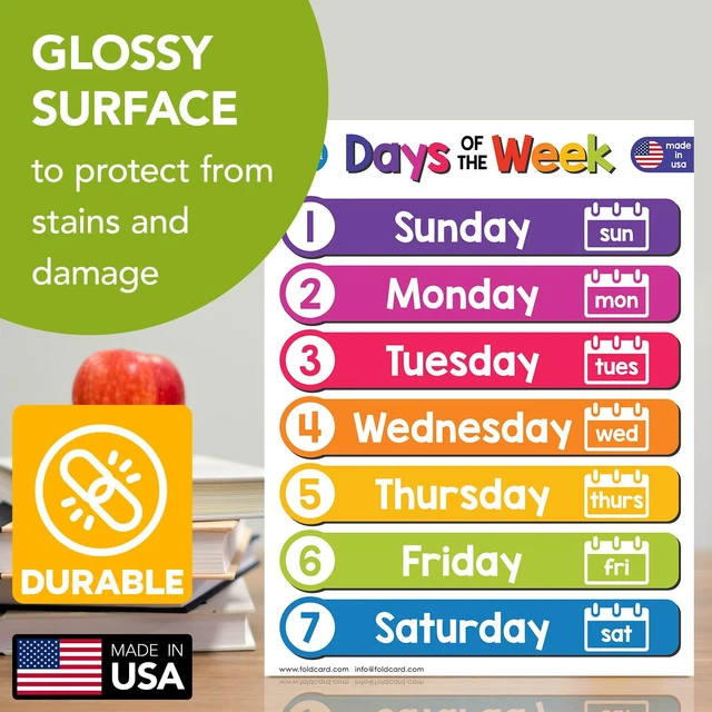 DAYS OF THE Week Educational Poster Learning Chart Classroom, 8.5 x 11 ...
