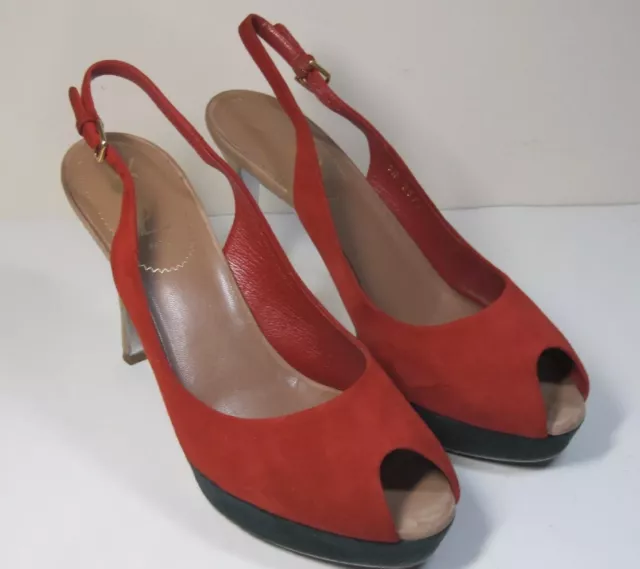 Yves St. Laurent YSL Sling Back Peep Toe Pumps Shoes Red Suede 39.5 US Size 9