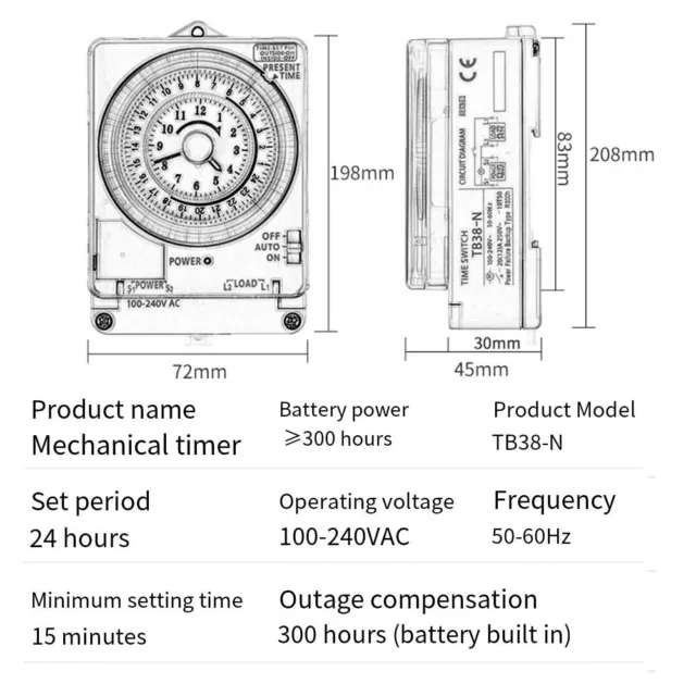 TB38N Timer meccanico con controllo tempo 24 ore 100 240 VAC lunga durata