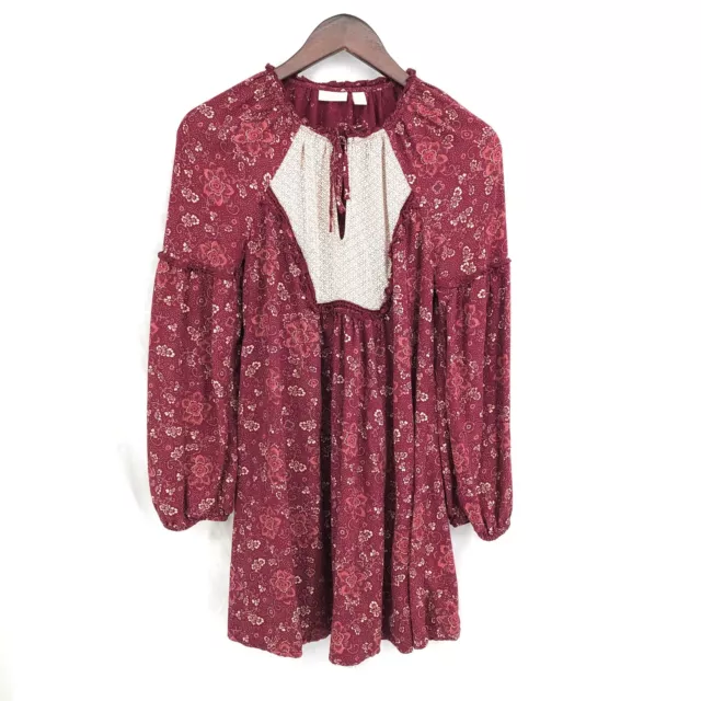 Hinge Red Tannin Floral Mix Print Peasant mini poet sleeve boho Dress S women