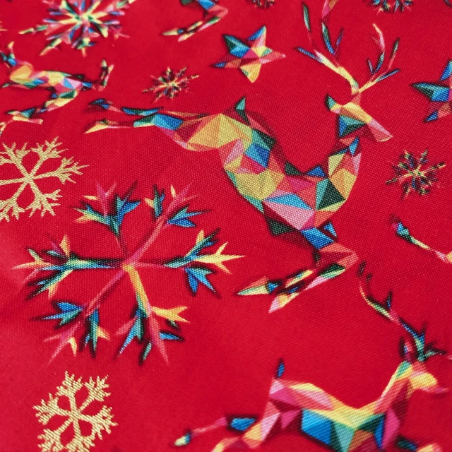 Reindeer & Gold Snowflake Multicoloured Modern Christmas Red 100% Cotton Fabric