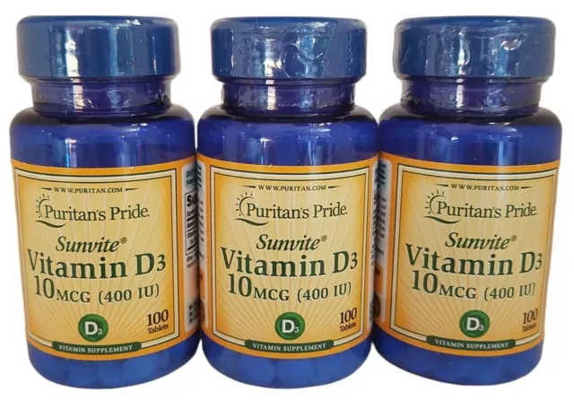 Puritan's Pride Sunvite Vitamin D3 10 MCG 400 IU 3 x 100 Tablet 2/24