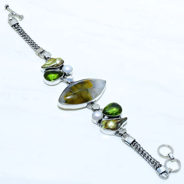Dragon Vein Agate, Biwa Pearl Gemstone Silver Jewelry Bracelet 7-8" BRJR3419