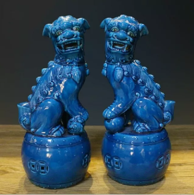 A Pair Chinese Old Marked Blue Glaze Porcelain Fengshui Lion Foo Fu Dogs Statues