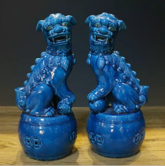 Chinese Old Marked Blue Glaze Porcelain Fengshui Lion Foo Fu Dogs Statues A Pair