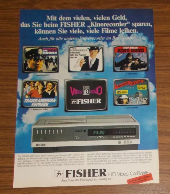 Seltene Werbung vintage FISHER VBS 7500 Betamax Videorecorder King Kong 1982