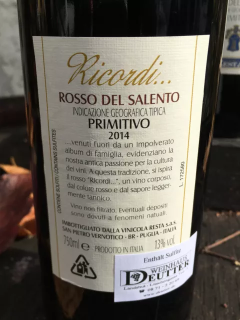 Apulien 6x750ml Primitivo 2014 von Resta Ricordi Rosso del Salento 13% vol 2