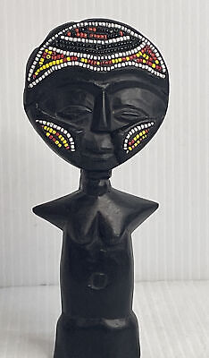 Vintage 6.5" Hand Carved Wood And Beaded African Fertility Figurine Doll Statue