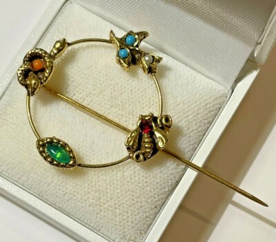 Cardo Vintage Rotondo Serpente Cardo Fiore Ape Rosso Strass Color Oro Bastone Pin 