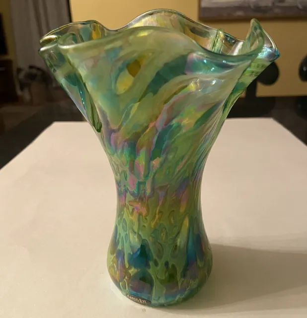 Glass Eye Studio Art Glass Vase Iridescent Green Blue Yellow Ruffle Rim 6.5"