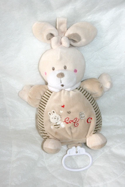 Nicotoy Doudou Peluche Lapin Musical Beige Marron Blanc Abc Lapin Etat Neuf