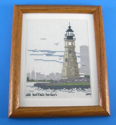 Old Buffalo NY Main Harbor Light House Framed Finished Cross Stitch Needlepoint