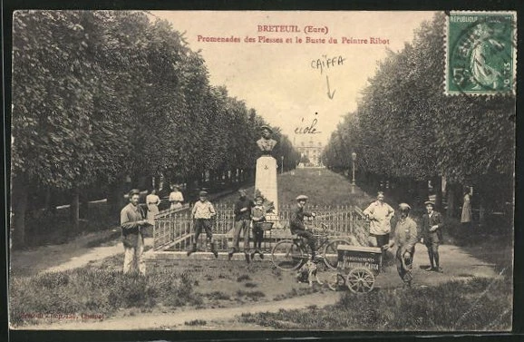 CPA Breteuil, Promenades des Plesses et le Buste du Peintre Ribot, parc mit Büs