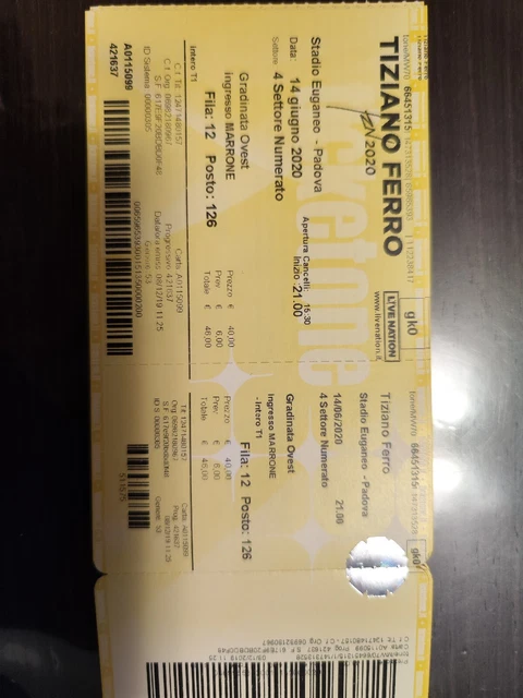 1 Biglietti Concerto Tiziano Ferro gradinata ovest fila 12 posto 126