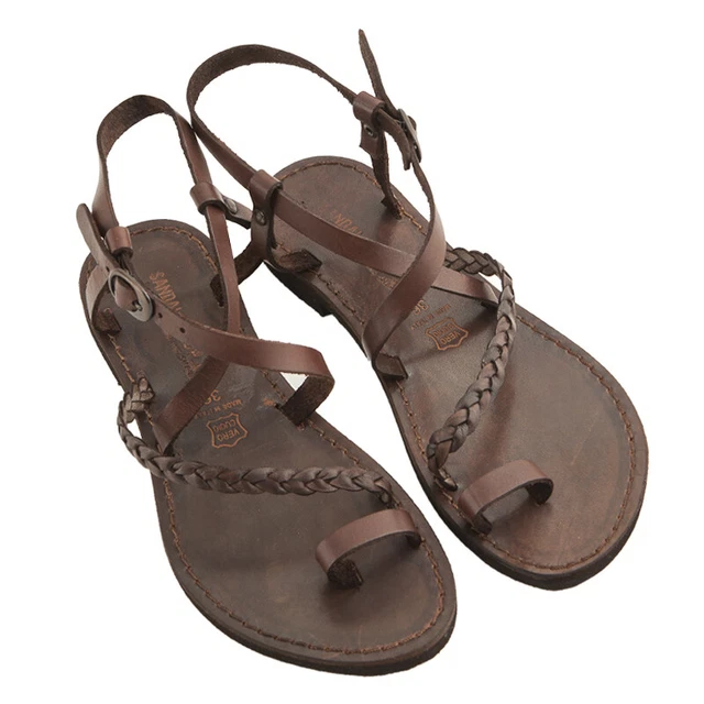 Made IN Italy Sandales Une Romaine De Femme en Cuir et Cuir Treccia Brun
