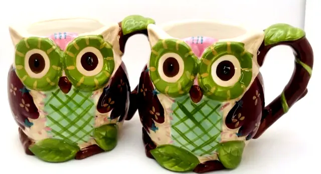 Set of 2 Pier One Imports Owl Coffee Mug Cup "Ollie the Owl" Hand Painted 25 oz