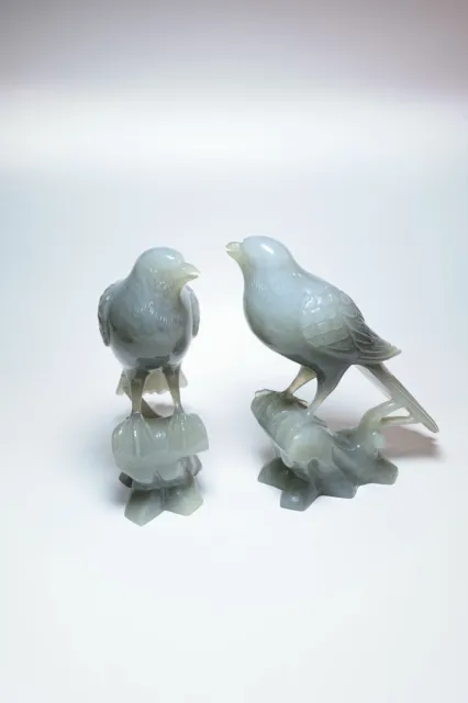 Chinese Hand Carved Jade Bird Statue Pair 6 in Height