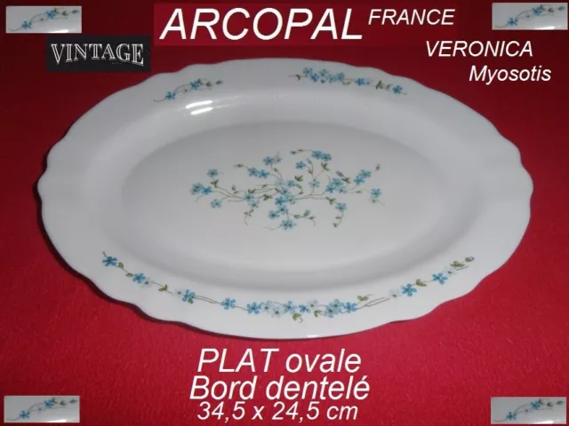 ARCOPAL  FRANCE - Vintage -   PLAT Ovale Bord dentelé  Fleurs  VERONICA Myosotis