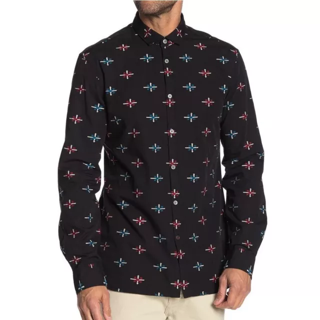 John Varvatos Star USA Men's Long Sleeve Clayton Geo Embroidered Shirt Black