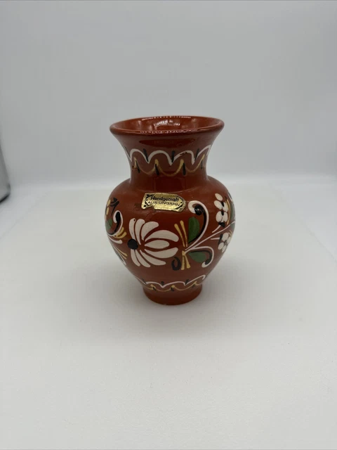 HUNGARIAN VINTAGE RED Ware Pottery Vase Hand Painted Floral Decor