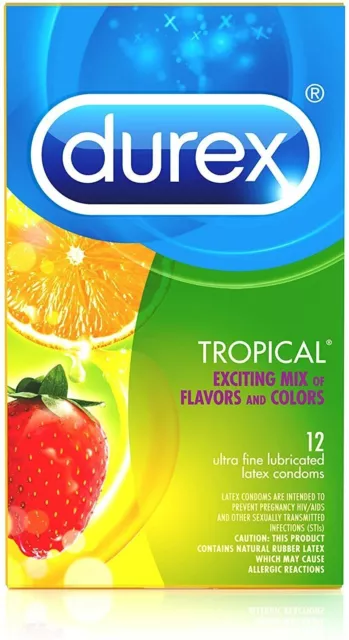 Durex Durable Condoms Tropical Delight Flavors & Colors 12pk FRUIT Flavored