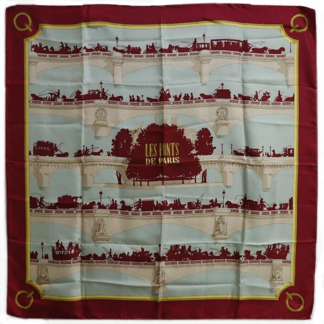 HERMES Scarf Carre 90 LES PONTS DE PARIS Silk Red Light blue Multi Auth R3182