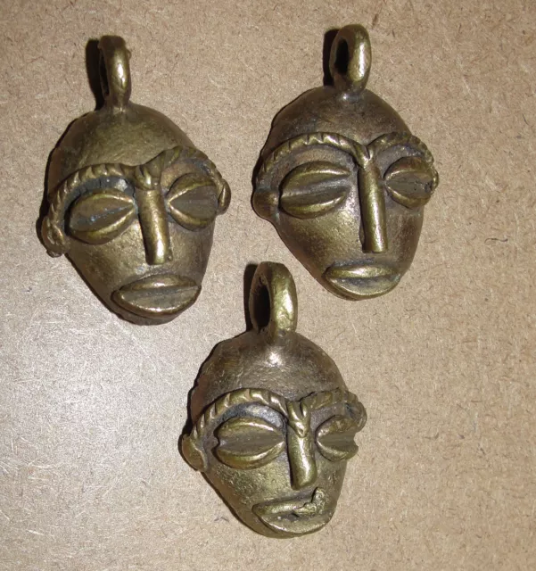 3 African Bronze Pendant Amulet Necklace Mask Baule Dogon Ashanti Dog Tag Masque