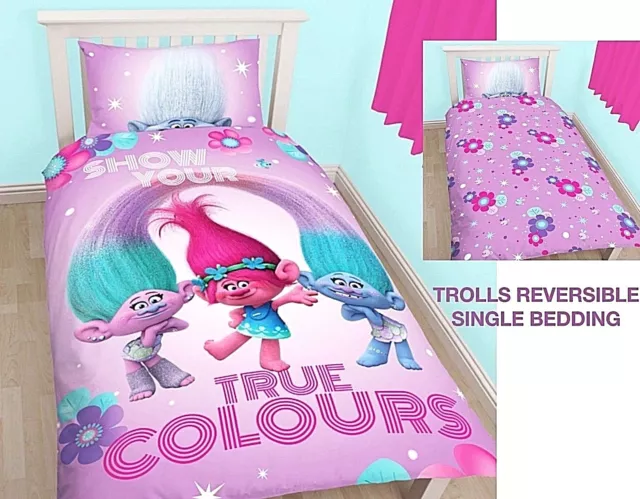 Juego De Almohada De Cama Trolls Brills Colores Verdaderos Reversible Único Para Niños