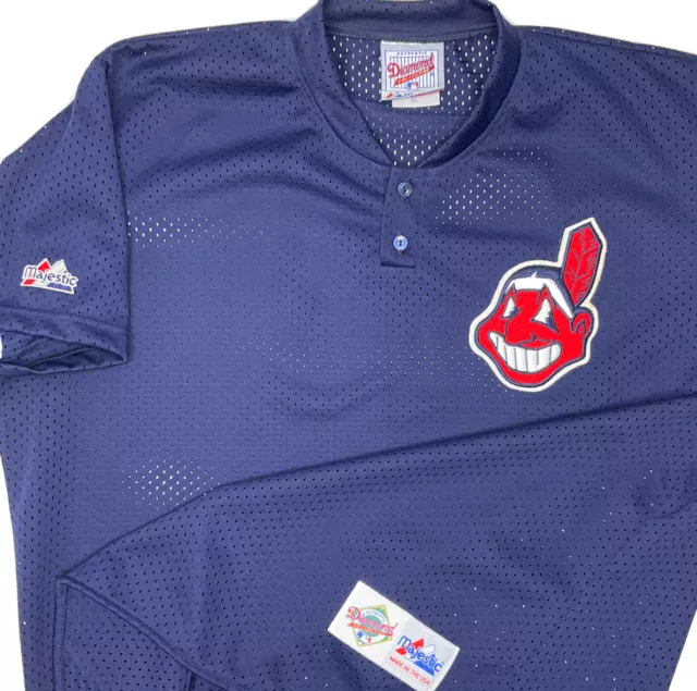 VINTAGE Majestic Cleveland Indians Jersey Mens Large Blue Mesh Chief Wahoo