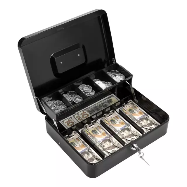 Goehiaul Cash Box with Lock Key and Money Tray Large Black