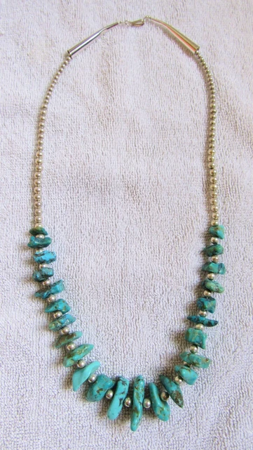 Navajo Indian Sterling Silver Beads & Royston Turquoise Stone Nuggets Necklace