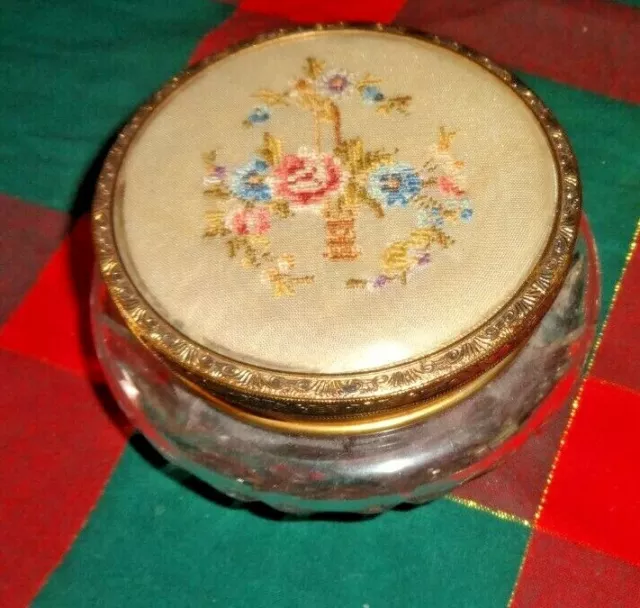 Vintage Petite Point Embroidered Lid Glass Pot For Dressing Table