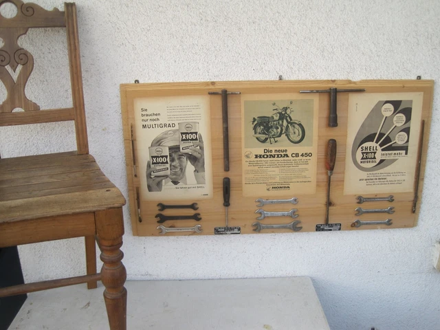 Tankstelle Werkstattwandbrett mit 16 alten Werkzeugen SHELL HONDA CB 450 Werbung