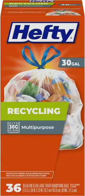 Recycling Large Trash Bags Scent Free Clear Drawstring 30 Gallon 36 Count USA