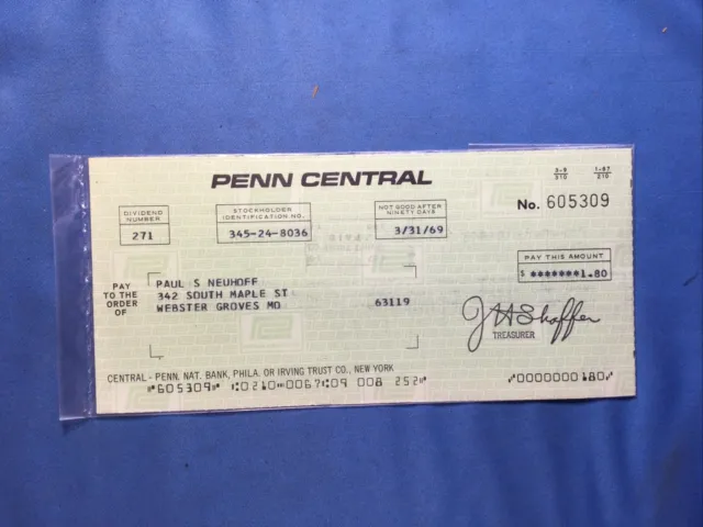 1969 Penn Central  Railroad Co Check - Cashed