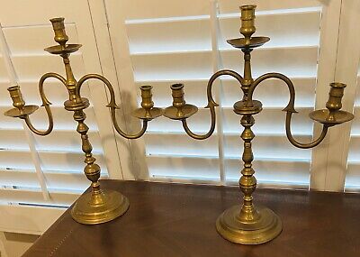 Pair of Antique Brass Two Arm Candelabra Candle Holder Ornate
