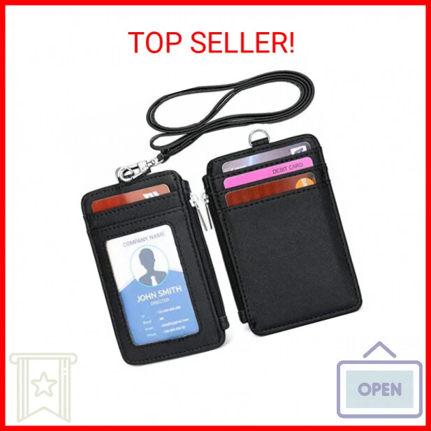 Leamekor ID Badge Holder with Neck Lanyard PU Leather ID Badge Wallet Case with