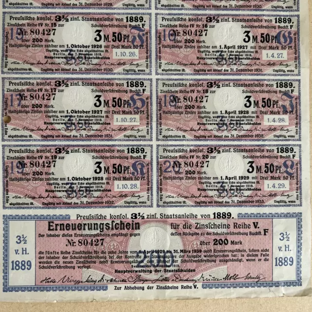 Preussische 3 1/2 Staatsanleihe von 1918 12 Coupons