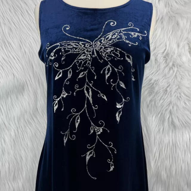 Time Together VTG Womens Sz L Blue Velvet Glitter Scroll Butterfly Sheath Dress